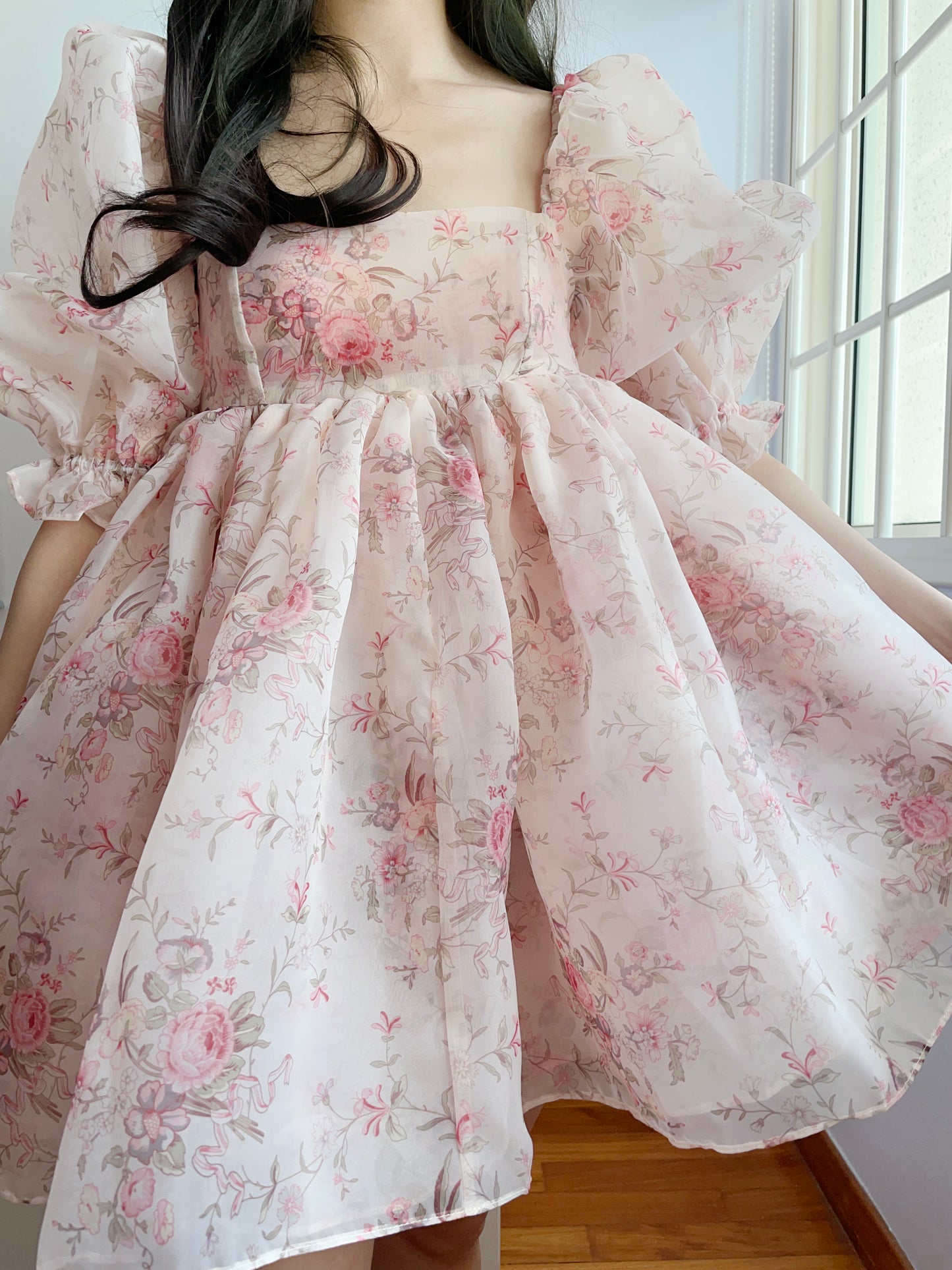 French Rose Mini Puff Dress (Pink)