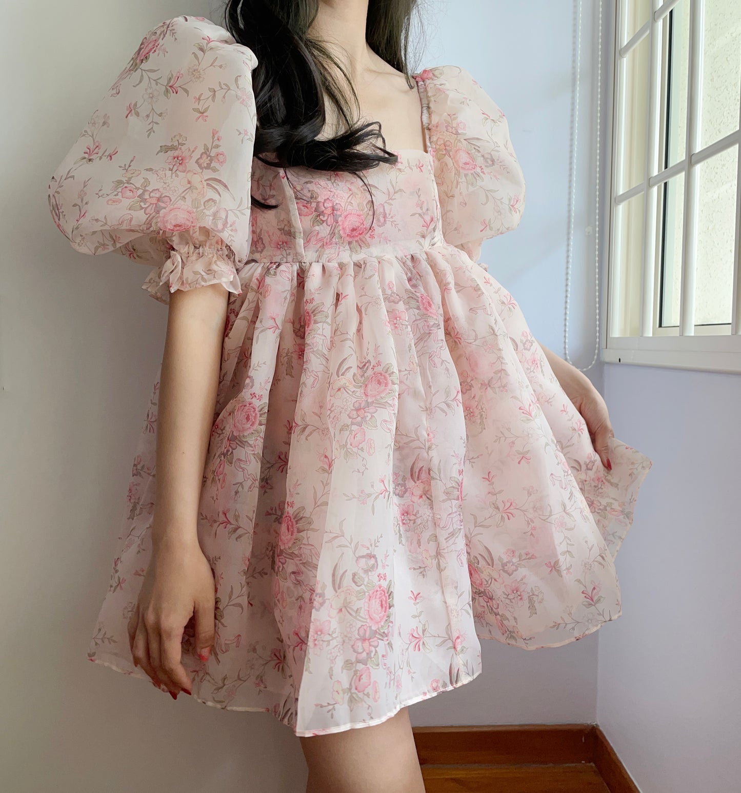 French Rose Mini Puff Dress (Pink)