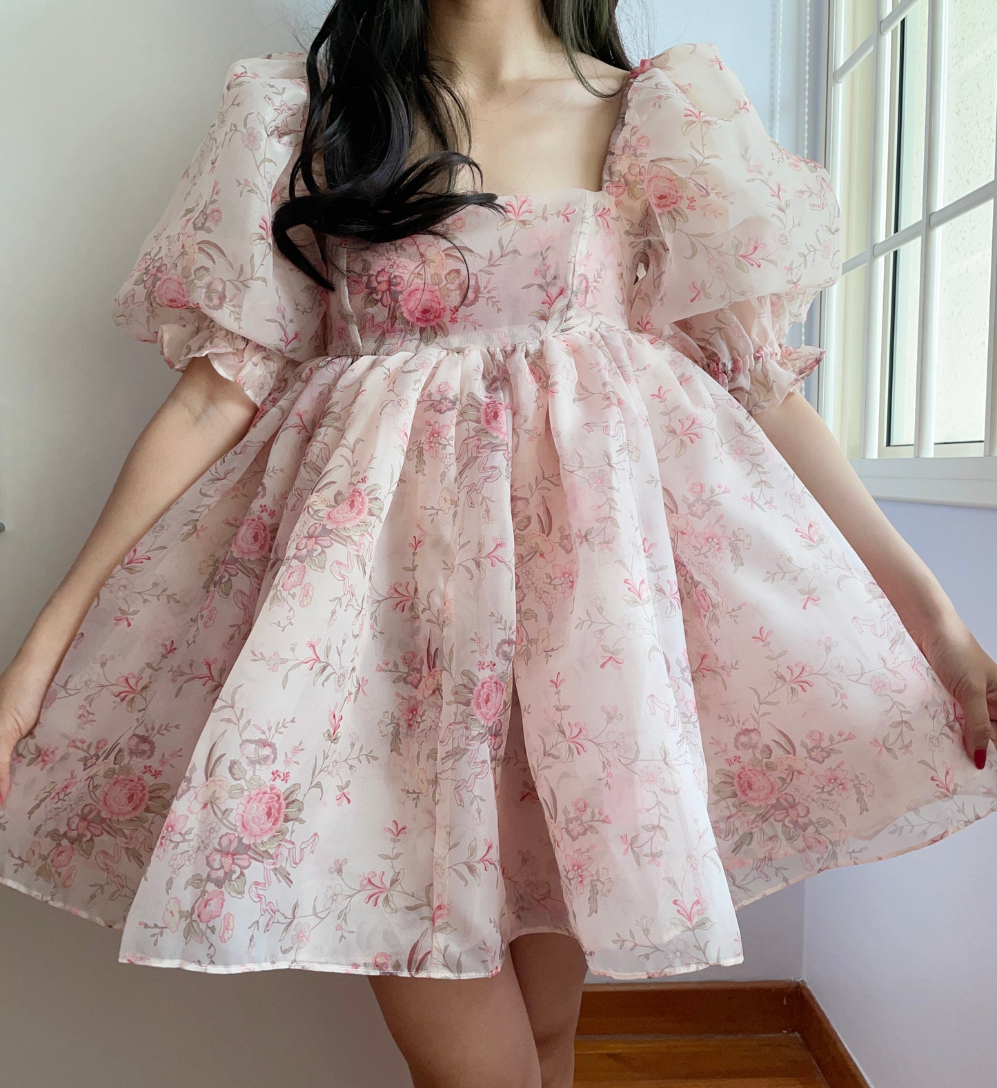 French Rose Mini Puff Dress (Pink)
