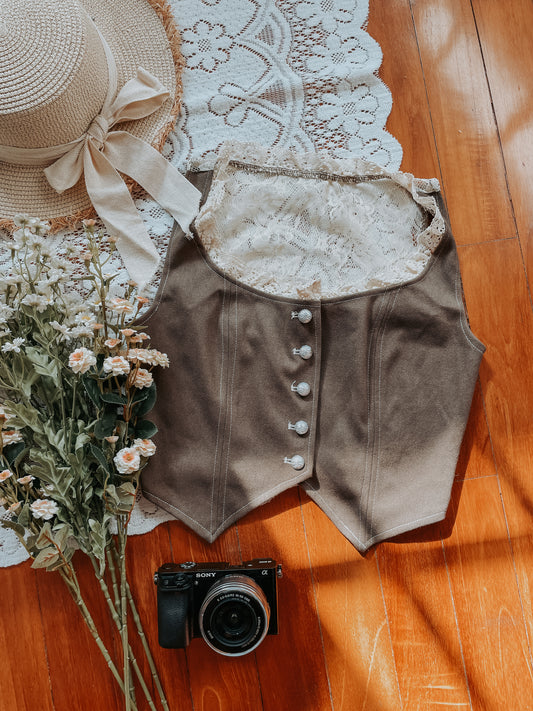 Lace Button Up Waistcoat (Taupe)