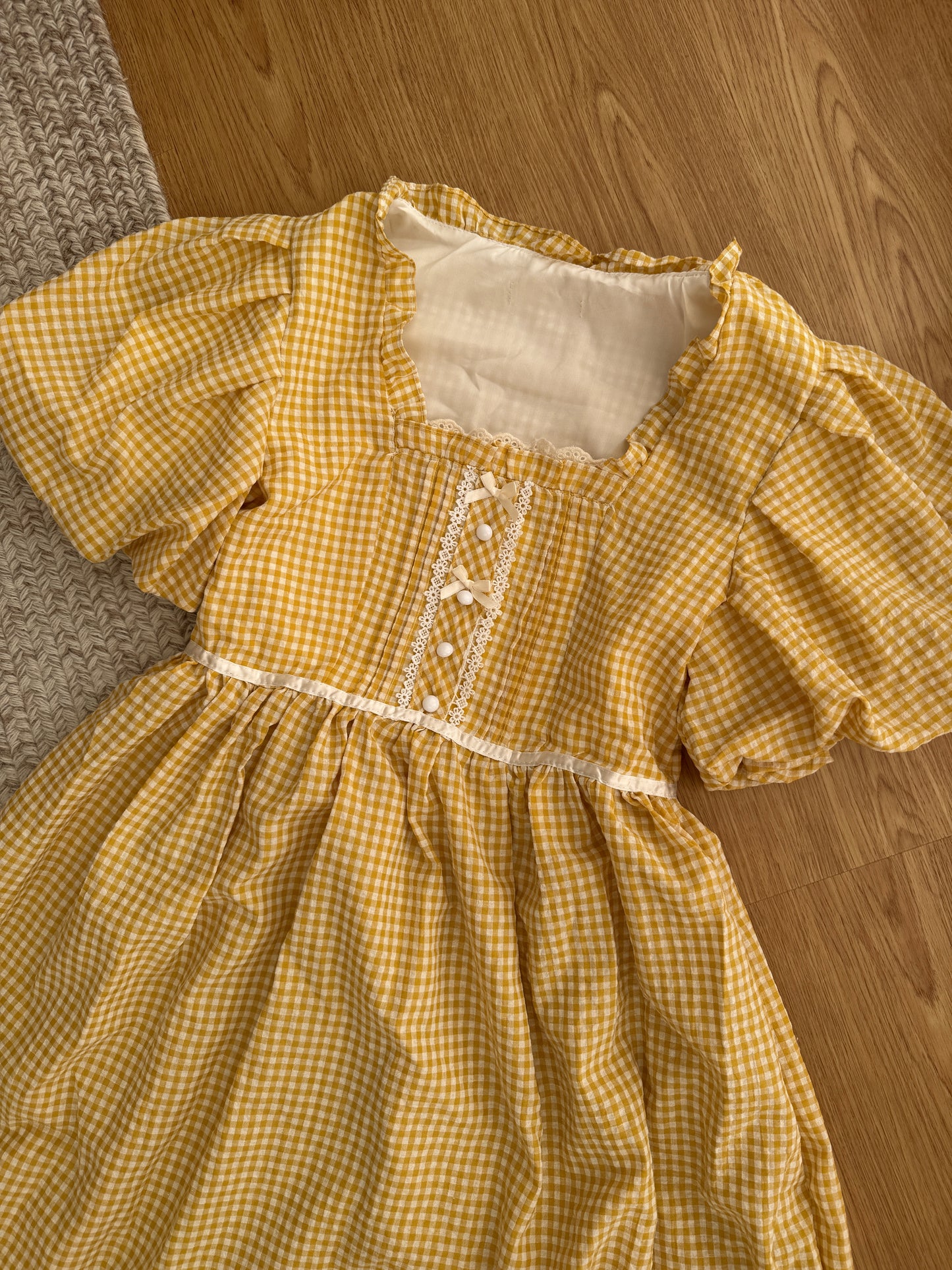 Gingham Cottage Puff Sleeve Midi Dress & Apron Set (Yellow)