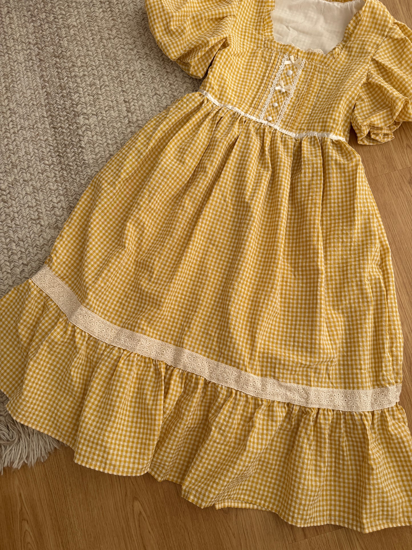 Gingham Cottage Puff Sleeve Midi Dress & Apron Set (Yellow)