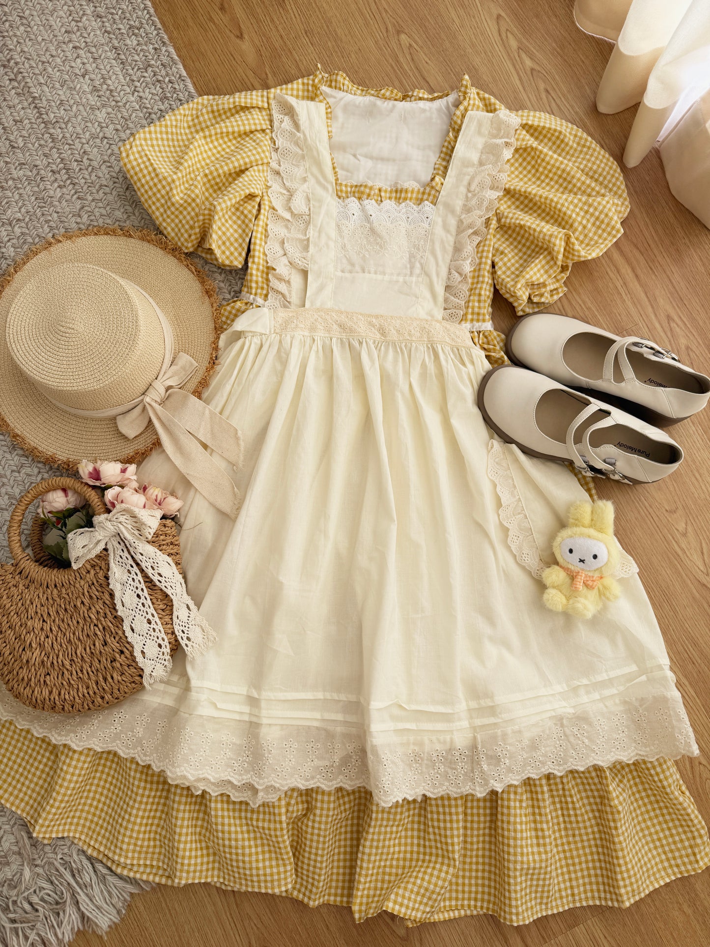 Gingham Cottage Puff Sleeve Midi Dress & Apron Set (Yellow)