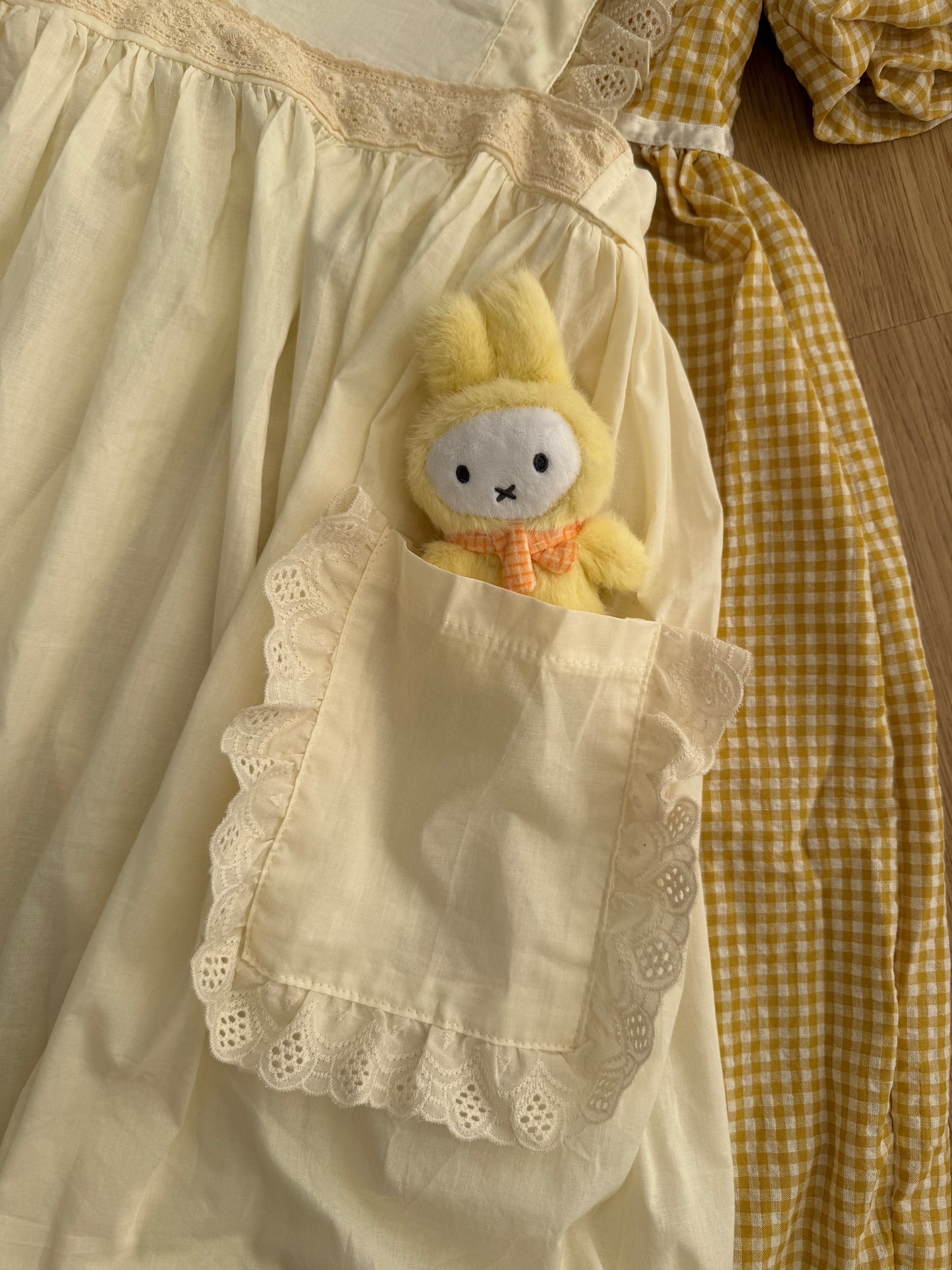 Gingham Cottage Puff Sleeve Midi Dress & Apron Set (Yellow)