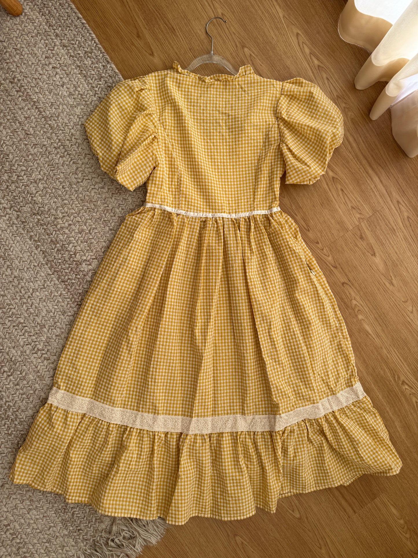 Gingham Cottage Puff Sleeve Midi Dress & Apron Set (Yellow)