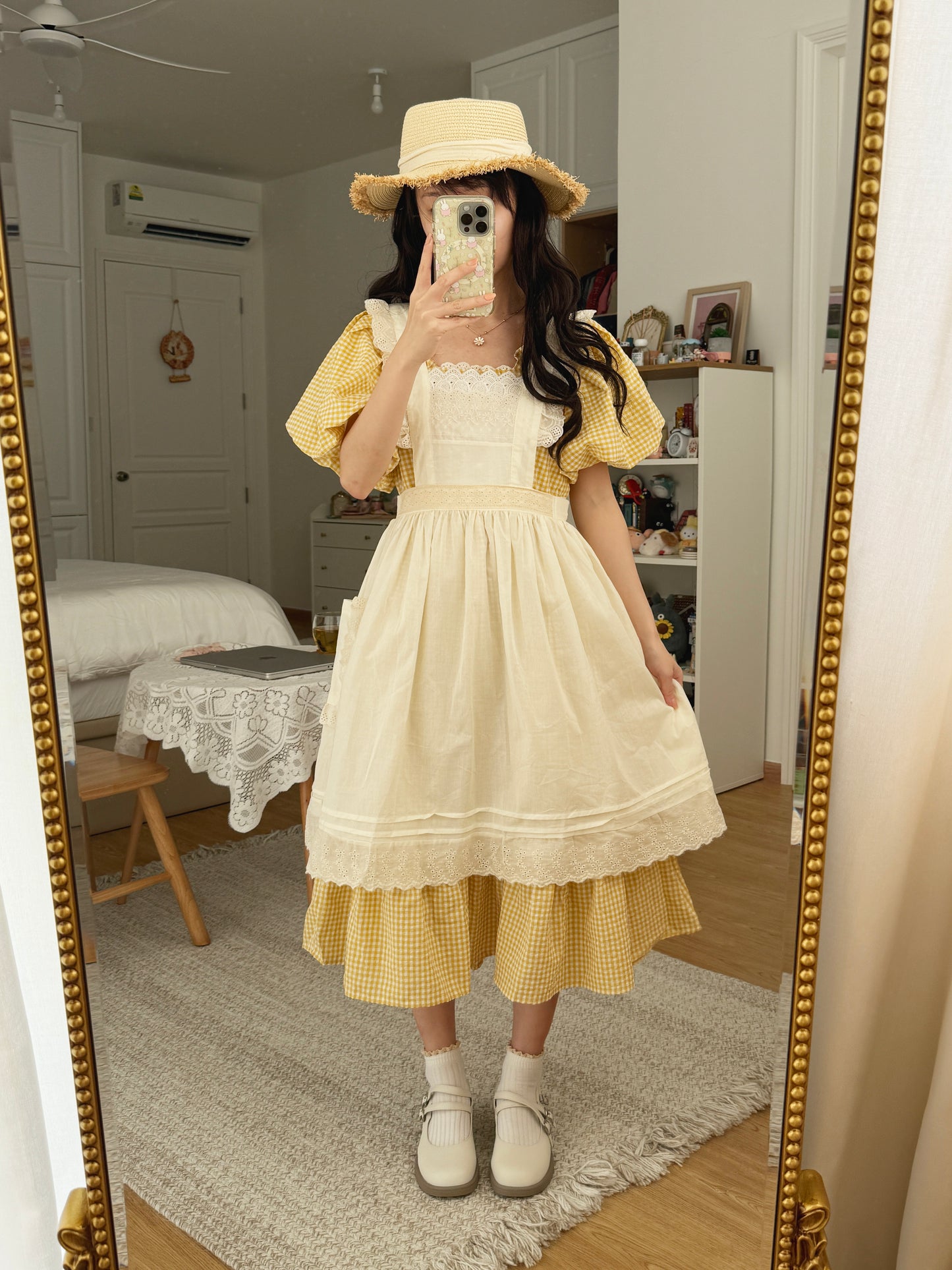 Gingham Cottage Puff Sleeve Midi Dress & Apron Set (Yellow)
