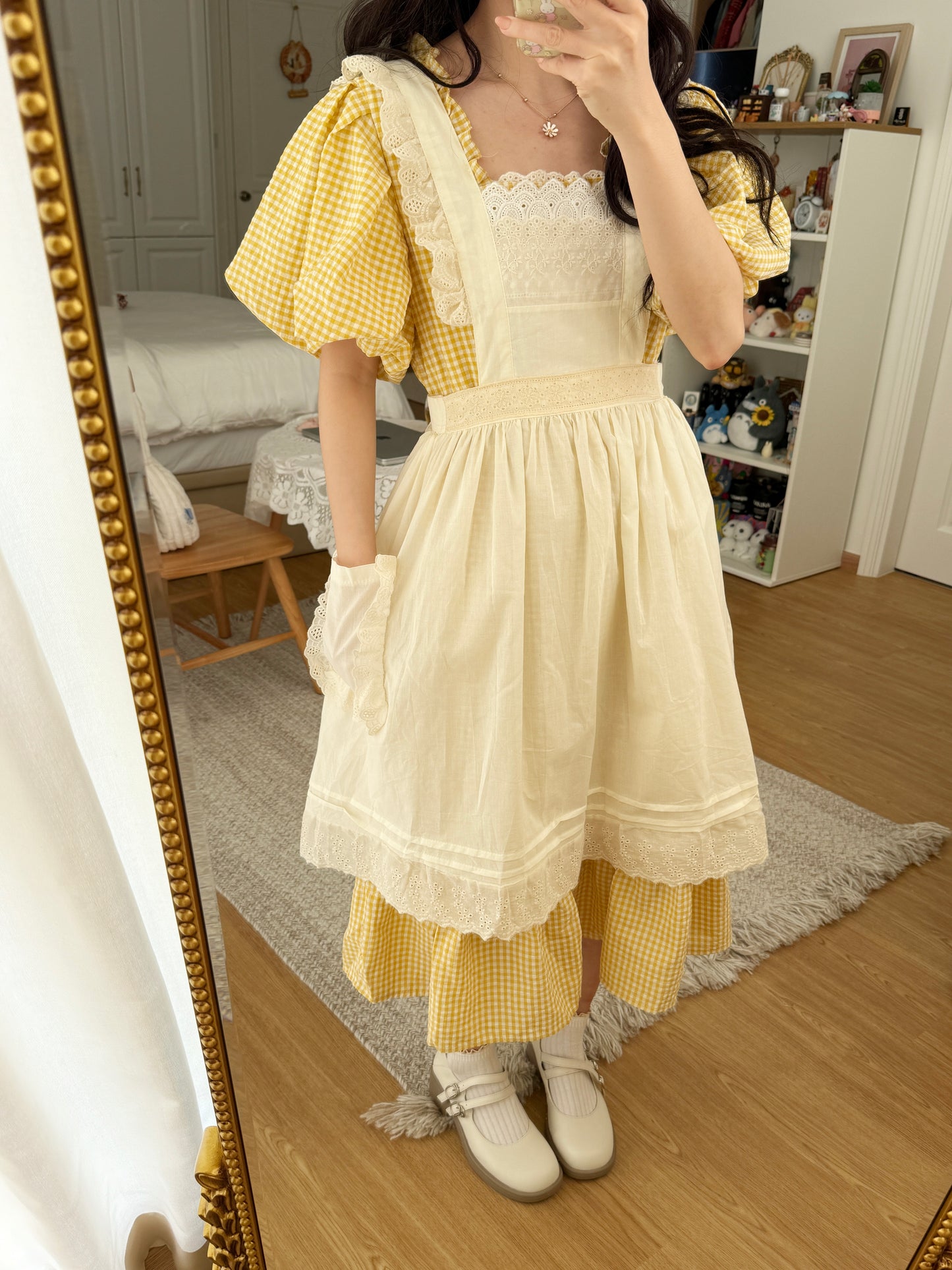 Gingham Cottage Puff Sleeve Midi Dress & Apron Set (Yellow)