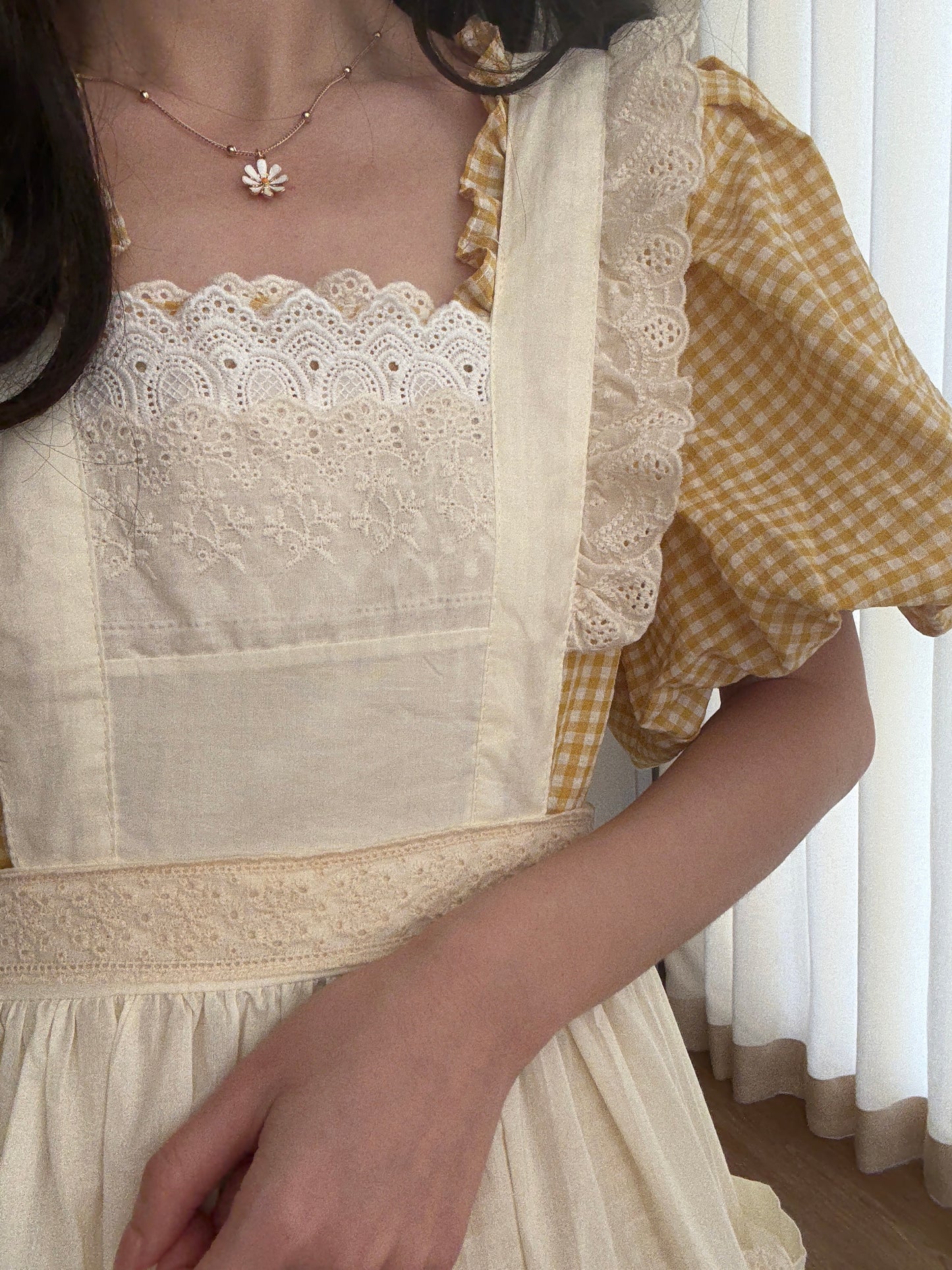 Gingham Cottage Puff Sleeve Midi Dress & Apron Set (Yellow)