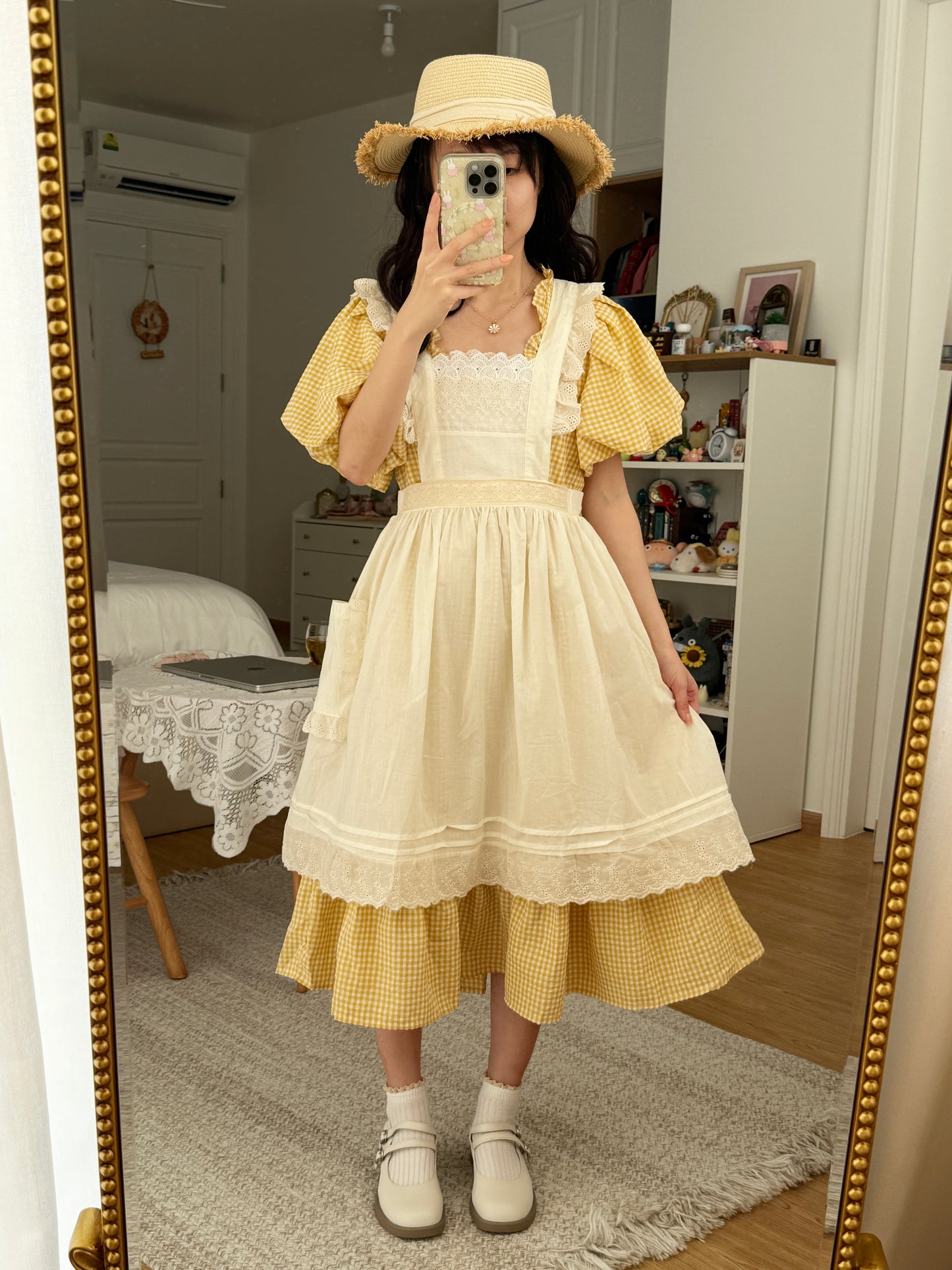Gingham Cottage Puff Sleeve Midi Dress & Apron Set (Yellow)