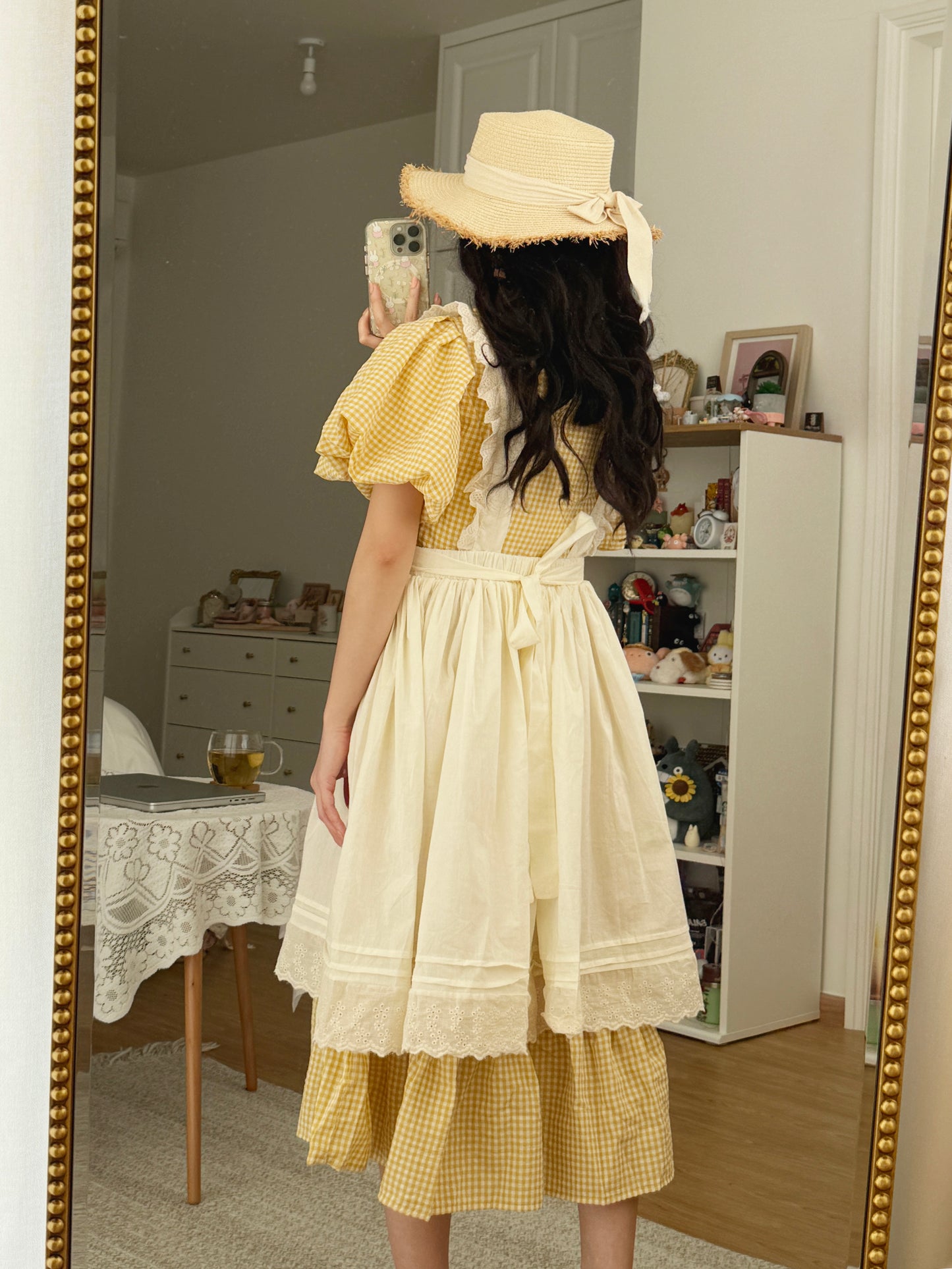 Gingham Cottage Puff Sleeve Midi Dress & Apron Set (Yellow)