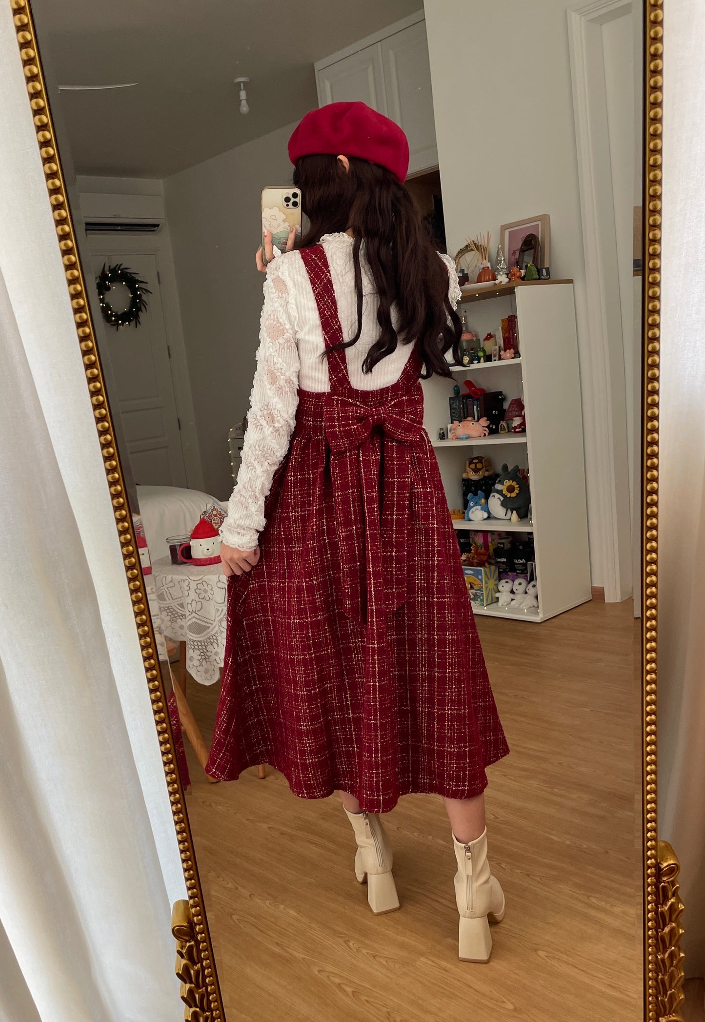 Sweet Apple Pie Plaid Pinafore Dress (Red)
