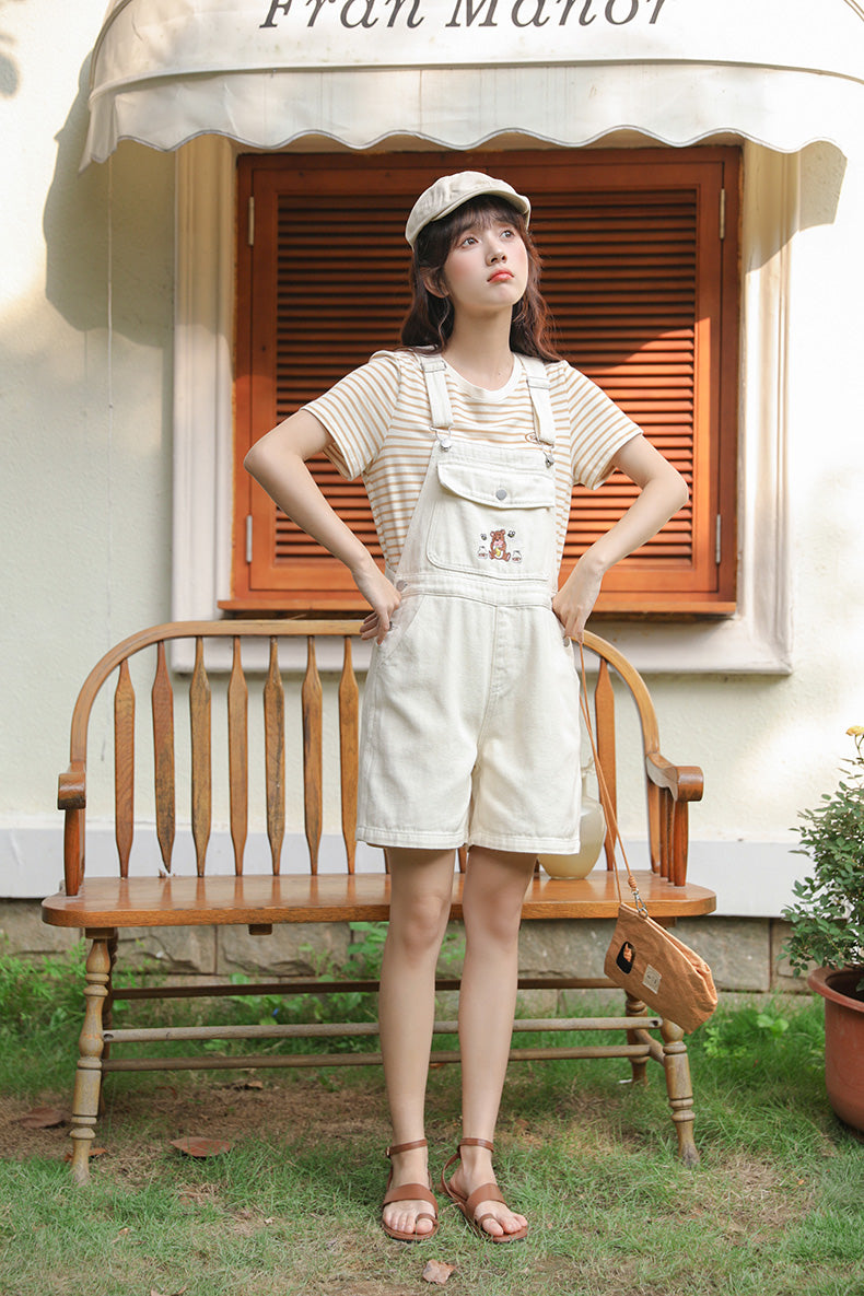 Honey Bear Short Overalls (White)