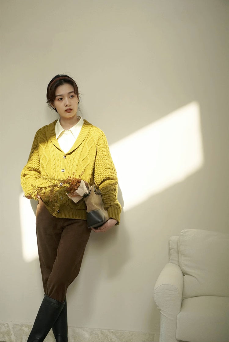 Shawl Collar Cable Knit Cardigan (Chartreuse)