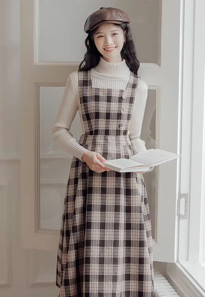 Academia Plaid Pinafore Dress (Khaki)