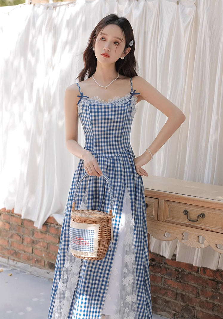 Gingham Lace Cami Maxi Dress (Blue)