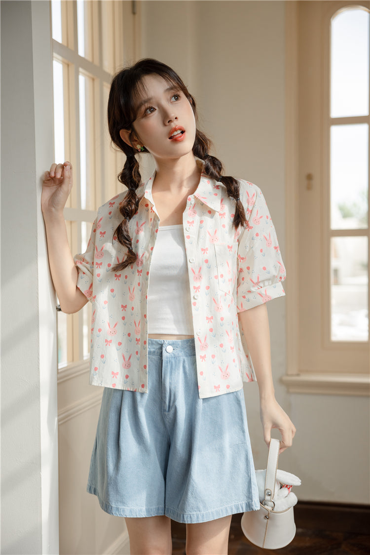 Pink Bunny Cropped Button Up Shirt (White)
