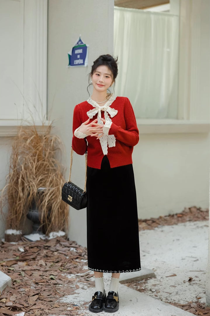 Heart Button Lace Trim Cardigan (3 Colors)