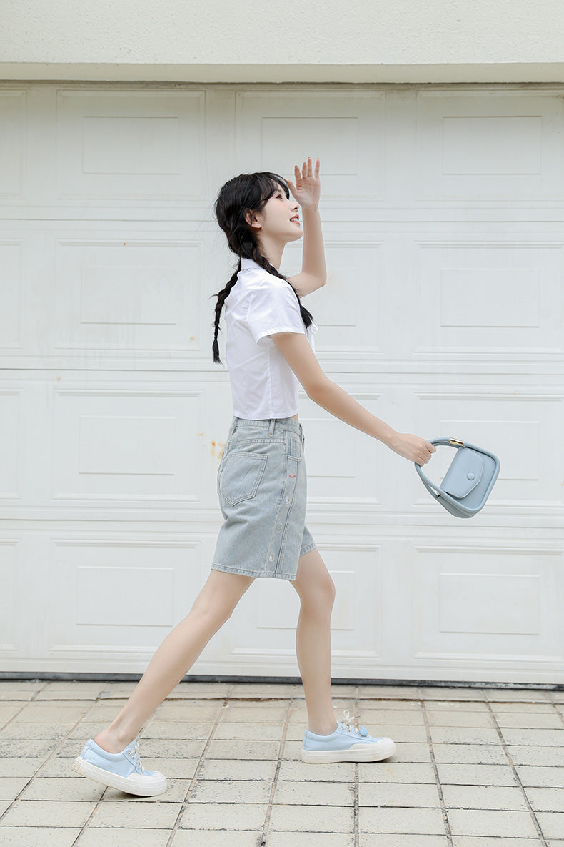 Saturn Embroidered Shorts (Light Denim)