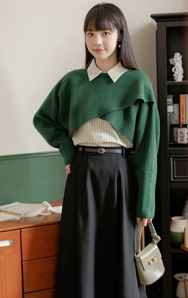 Criss Cross Cropped Throwover Sweater (Green)