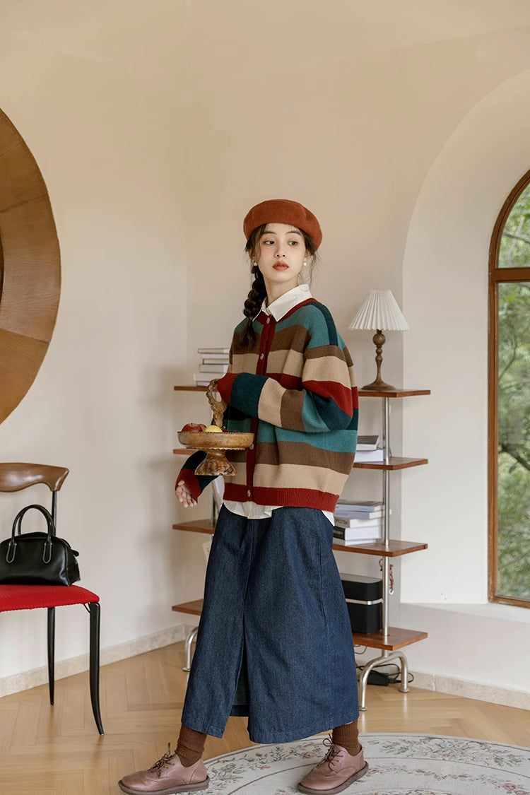 Cozy Stripe Cardigan (Maroon/Teal)