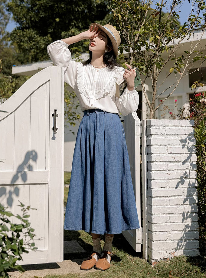 Pleated Denim Midi Skirt (3 Colors)