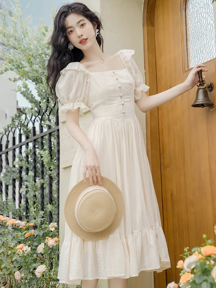Lace Broderie Midi Dress (Cream)