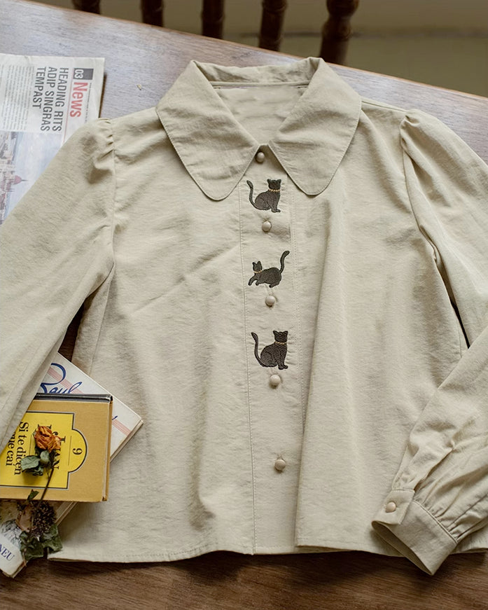 Black Cat Embroidered Blouse (Khaki)