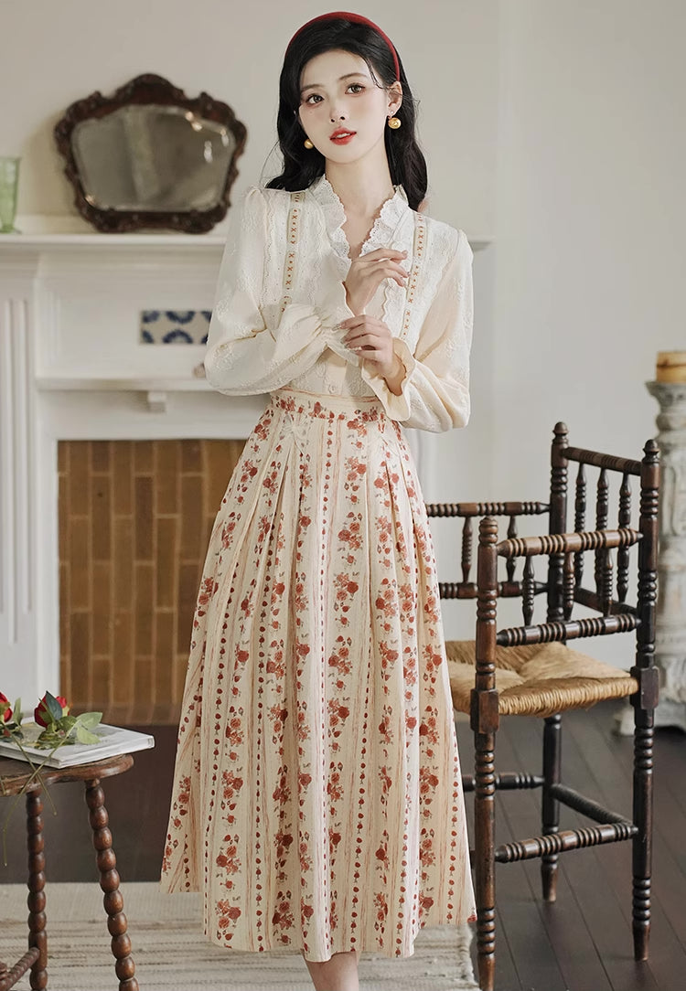 Rose Wallpaper Blouse & Skirt Set (Cream/Red)