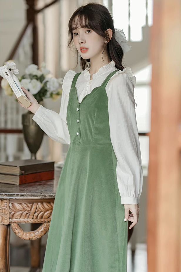 Corduroy Scallop Cami Midi Dress (Pistachio Green)