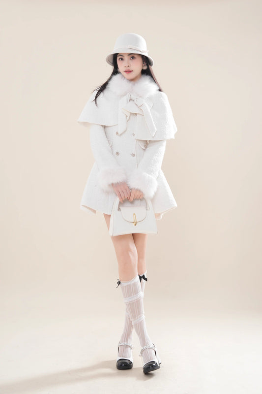 Snow Tweed Capelet Mini Coat Dress (White)