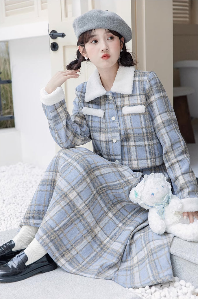 Elsa Plaid Tweed Midi Set (Blue)