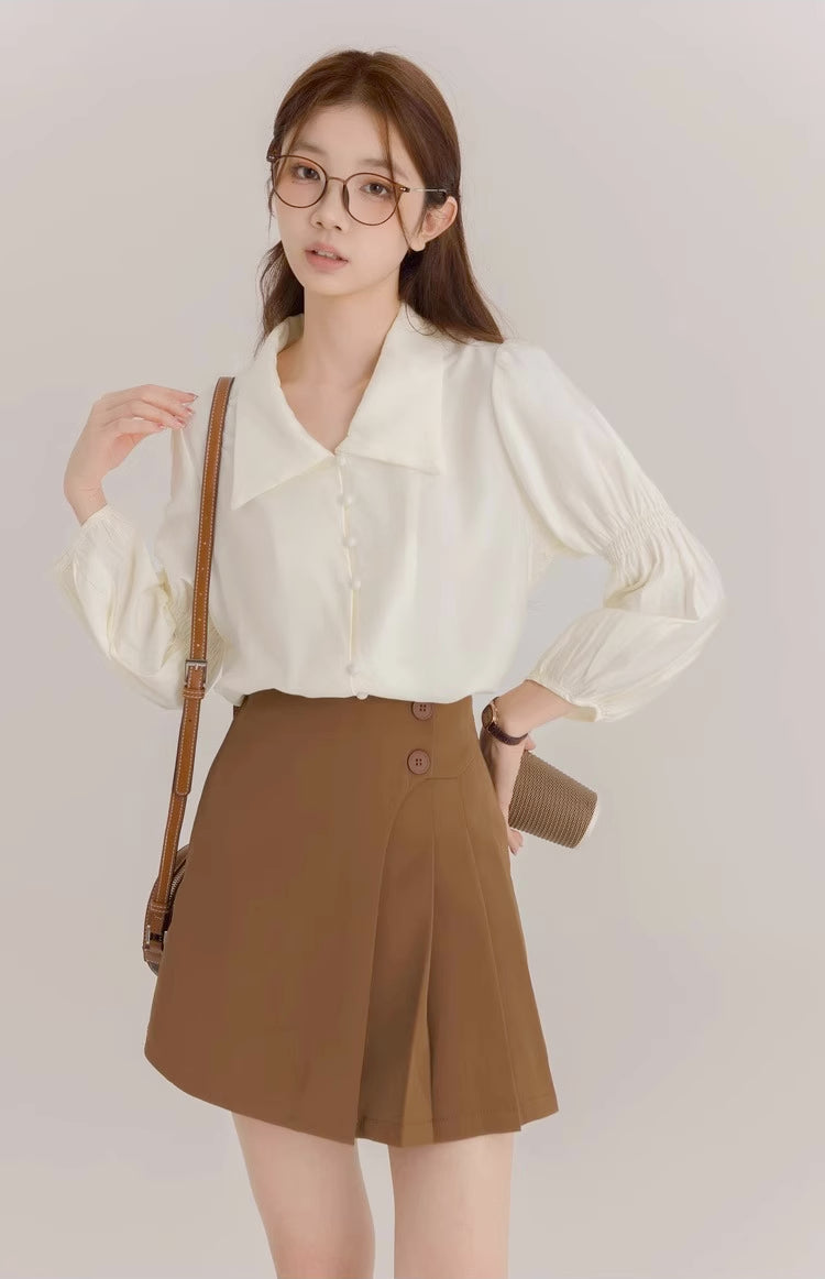 Half Pleated Mini Skirt (Brown)