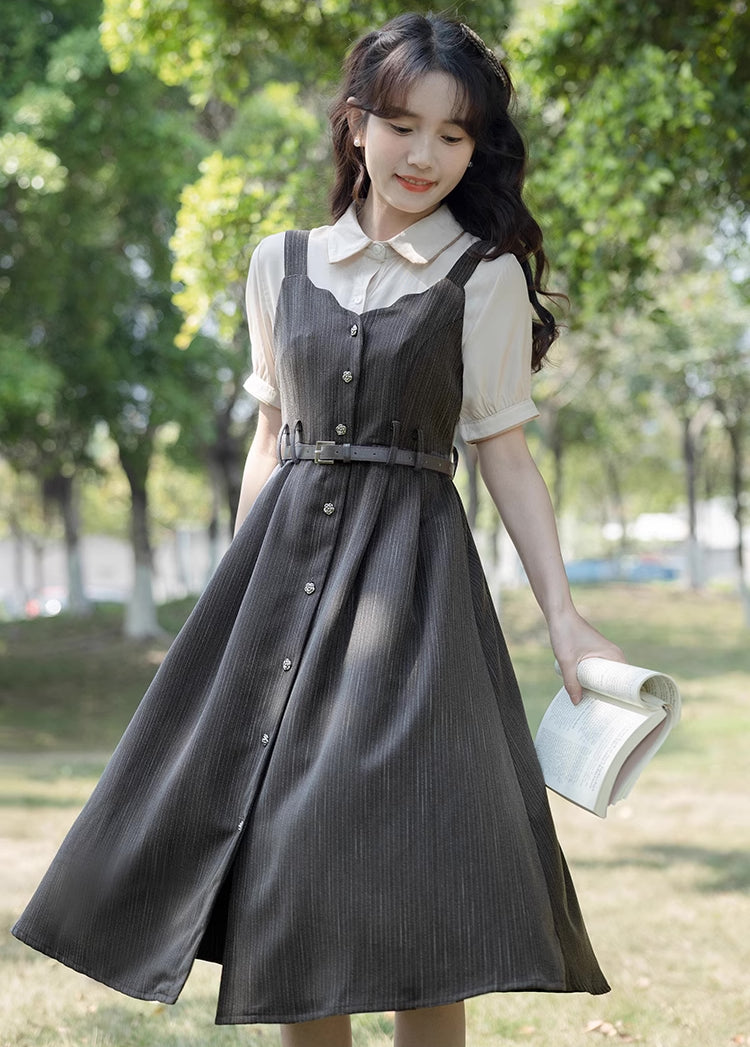 Pinstripe Button Up Scallop Cami Dress (2 Colors)