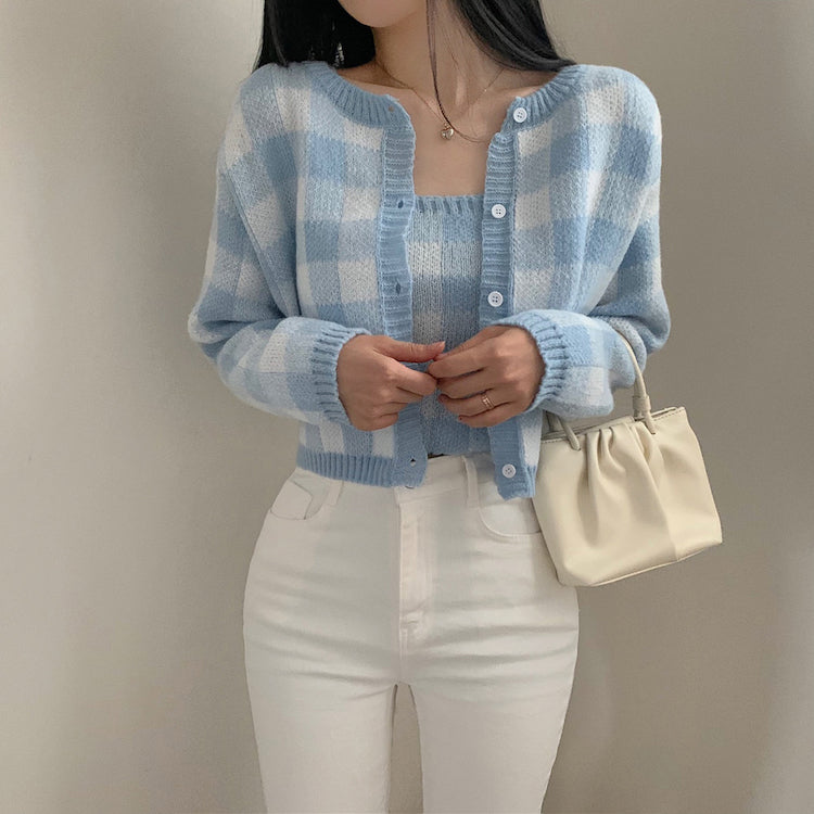 Gingham Cropped Cardi & Cami Set (5 Colors)