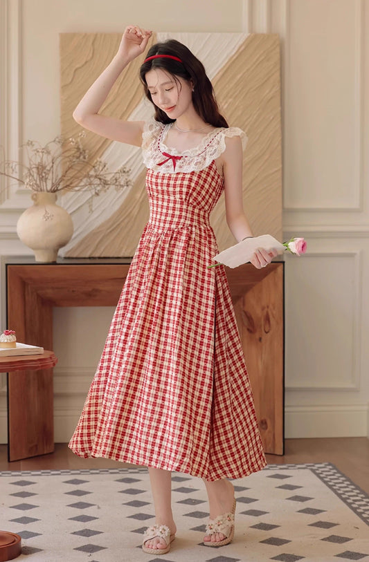 Picnic Plaid Sleeveless Midi Dress (Red)