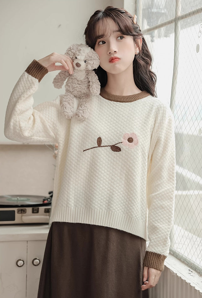 Waffle Knit Flower Sweater (2 Colors)