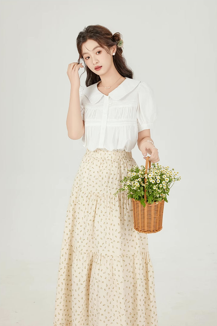 Ditsy Floral Tiered Midi Skirt (Cream)