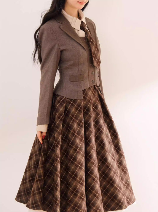 Newsgirl Plaid Suspender Skirt & Blouse Set (2 Colors)