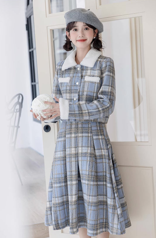 Elsa Plaid Tweed Midi Set (Blue)