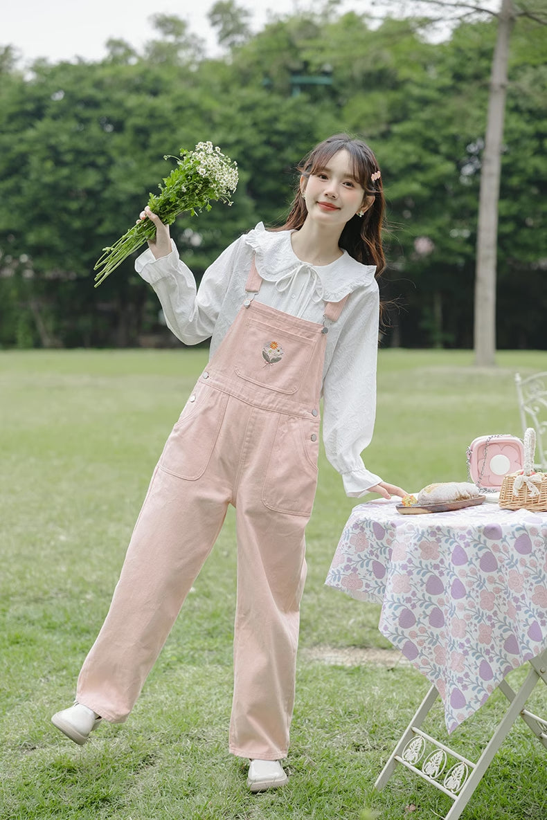 Flower Bouquet Embroidered Overalls (Pink)
