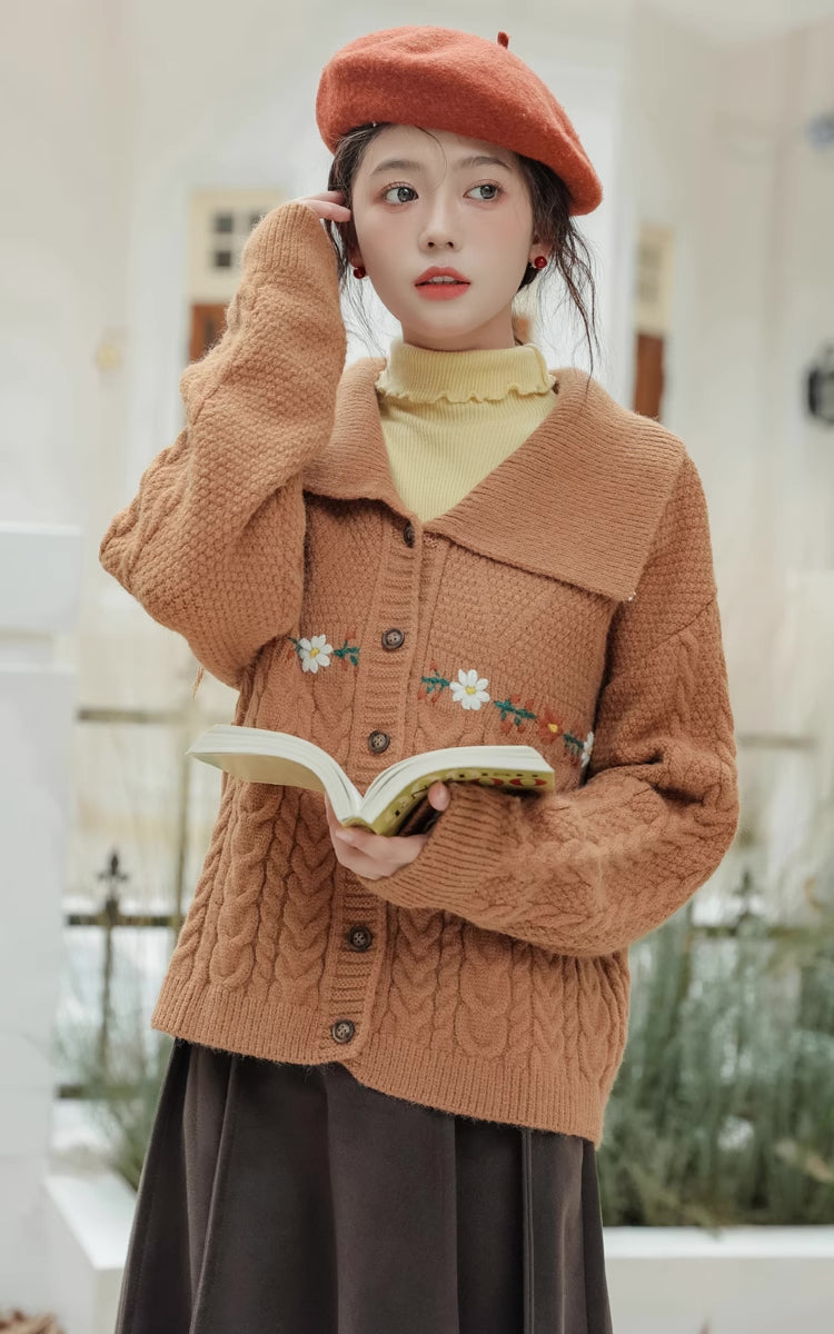 Fall Florals Polo Button Cardigan (Orange)