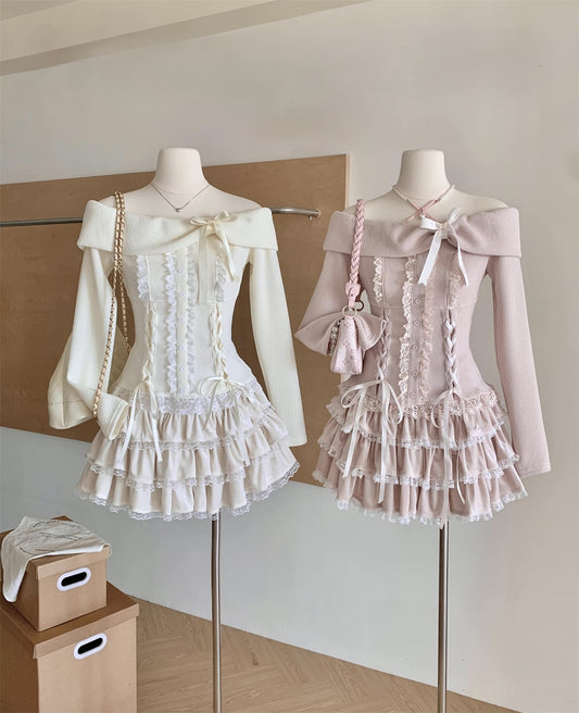 Ballet Lace Knitted Two-Piece Mini Skirt Set (2 Colors)