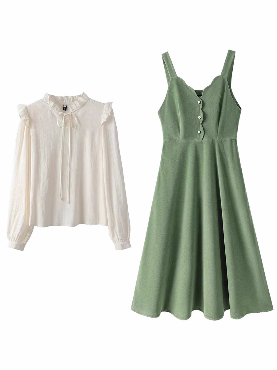 Corduroy Scallop Cami Midi Dress (Pistachio Green)