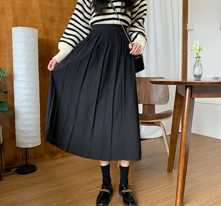 Woven Pleated Midi Skirt (2 Colors)