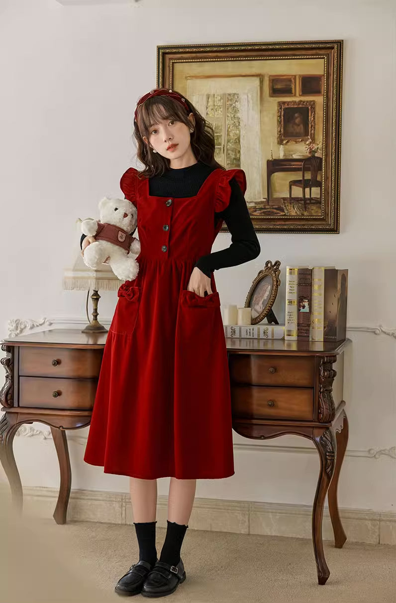 Frilly Bow Pinafore Dress (Red) S Frilly Bow Pinafore Dress (Red) S