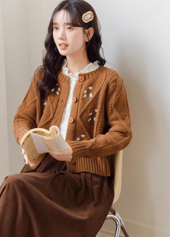 Ditsy Floral Embroidered Round Neck Cardigan (2 Colors)