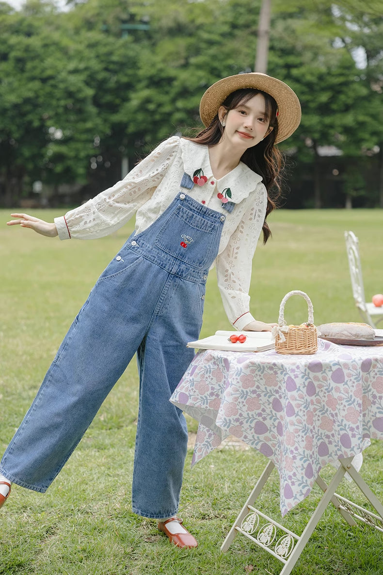Cherry Denim Overalls (Medium Blue)