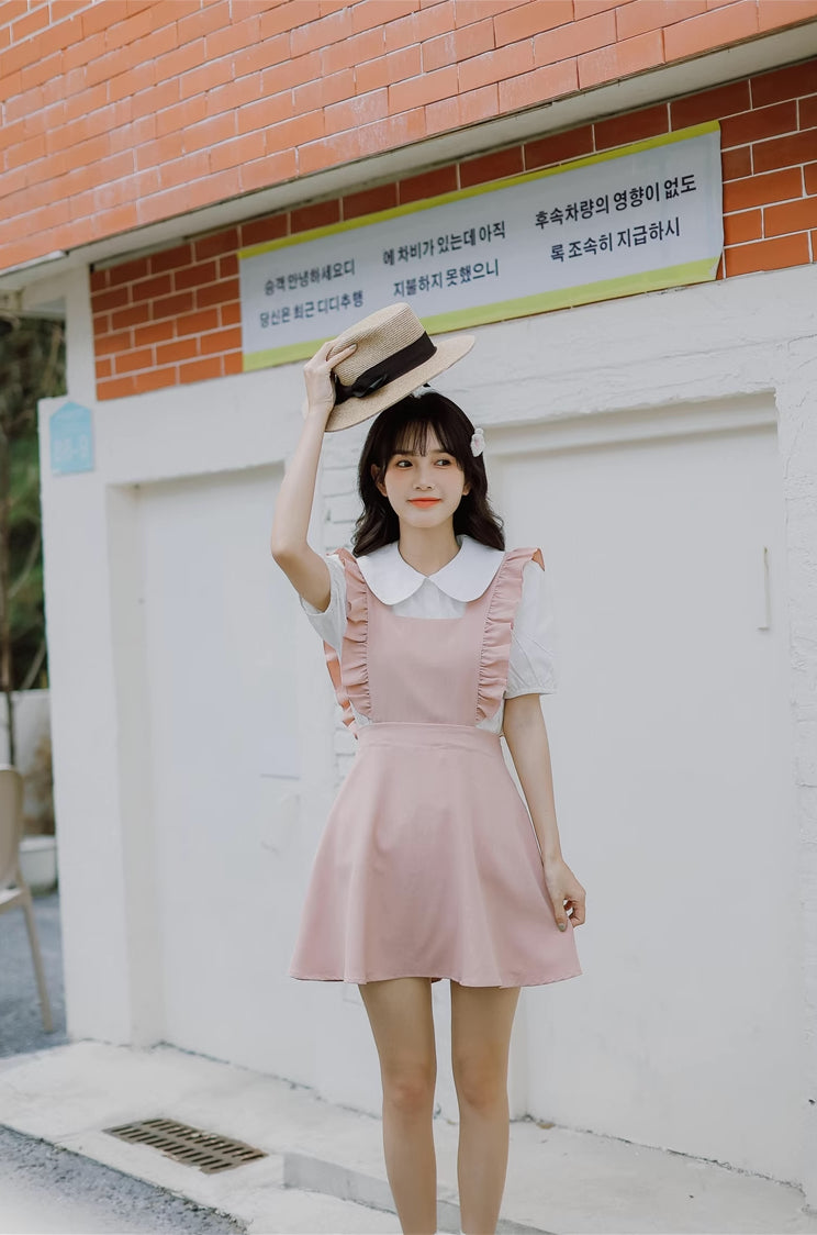 Frilly Mini Apron Pinafore Dress (Pink)