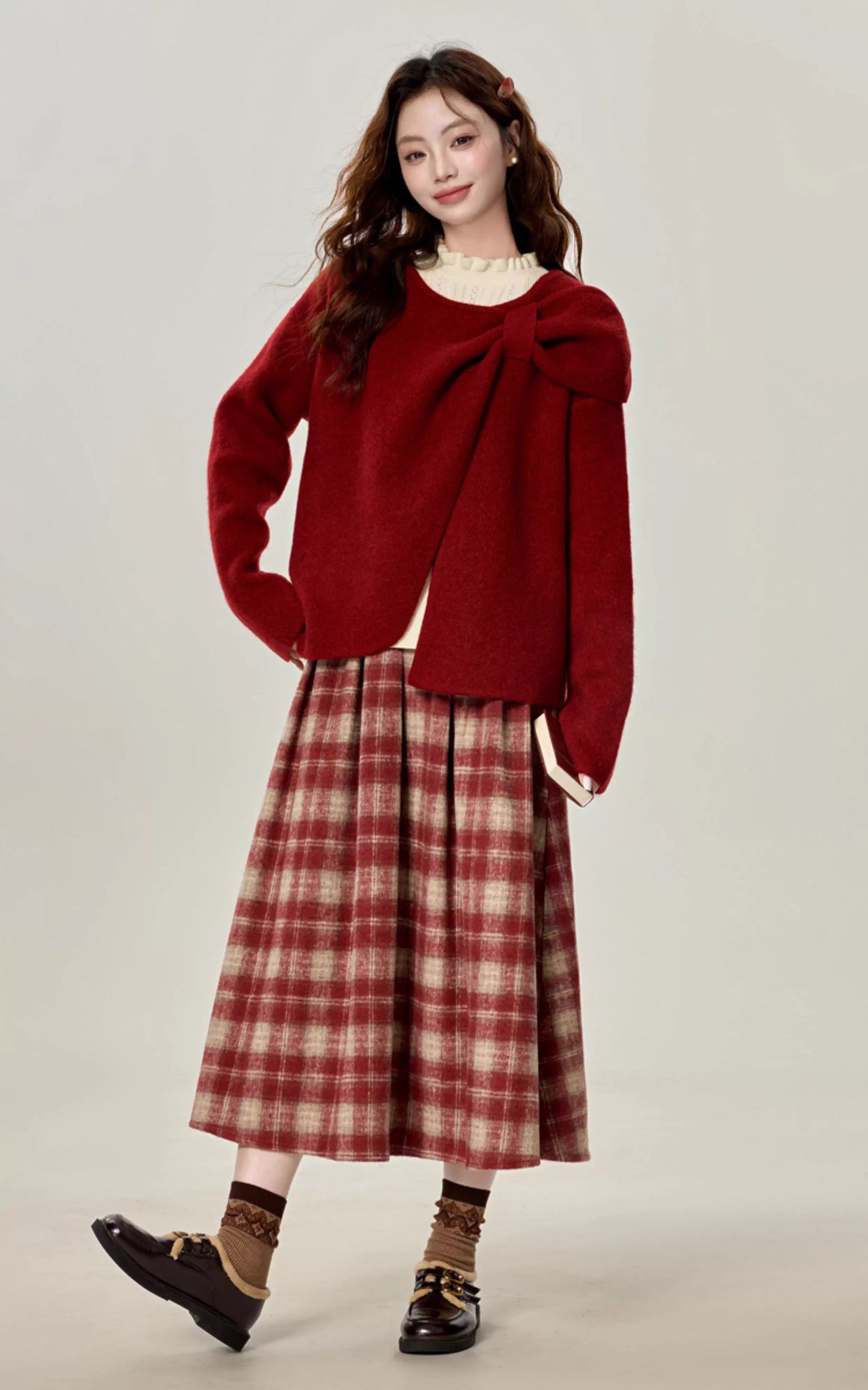 Rustic Plaid Midi Skirt (Red)