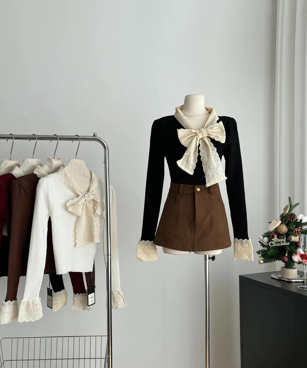 Lace Trim Tie Neck Sweater (4 Colors)